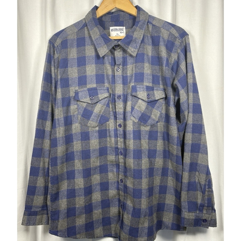 Mission Ridge Plaid Flannel Men's Shirt XL Gorpcore‎ Workwear Heritage Blue Grey